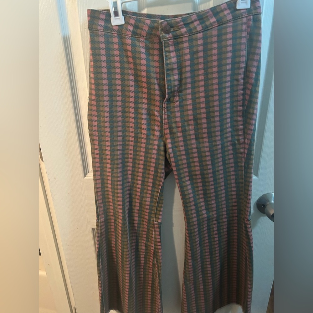 Free People Pink and Green Wide Leg Flare Jeans